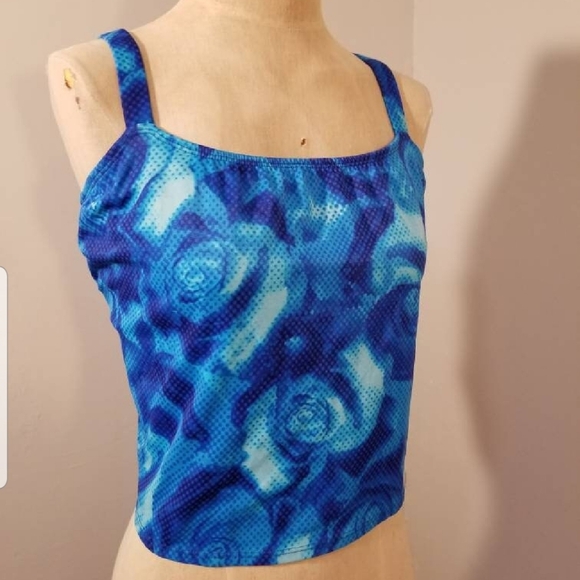 DELTA BURKE BRIGHT BLUE FLOWERS PIXEL SWIM TANK CROP TOP TANKINI PLUS VINTAGE 16 - Picture 2 of 5